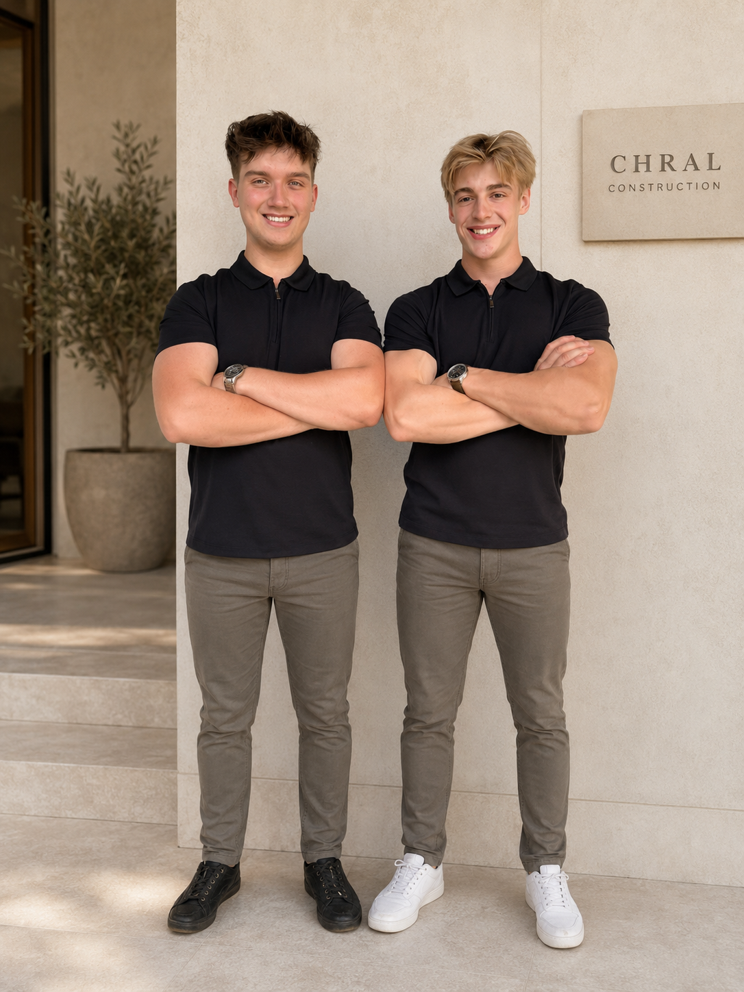 The Chral Construction founders standing at the studio entrance in Las Vegas