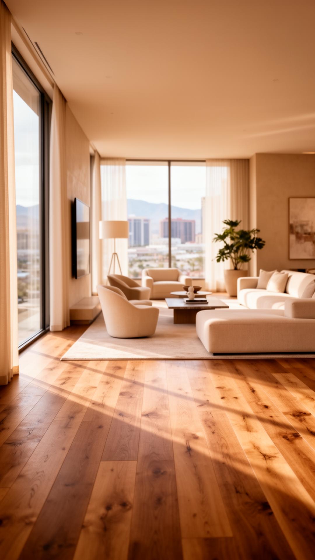 Wide-plank oak hardwood floor in a luxury Las Vegas living room