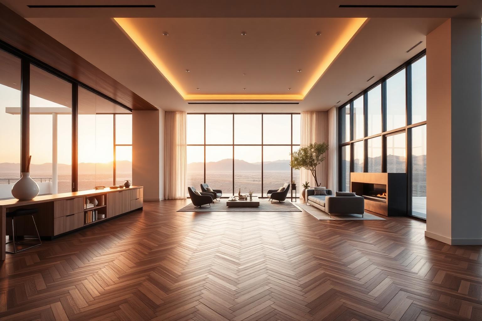 Herringbone hardwood floor in a luxury Las Vegas home at sunset